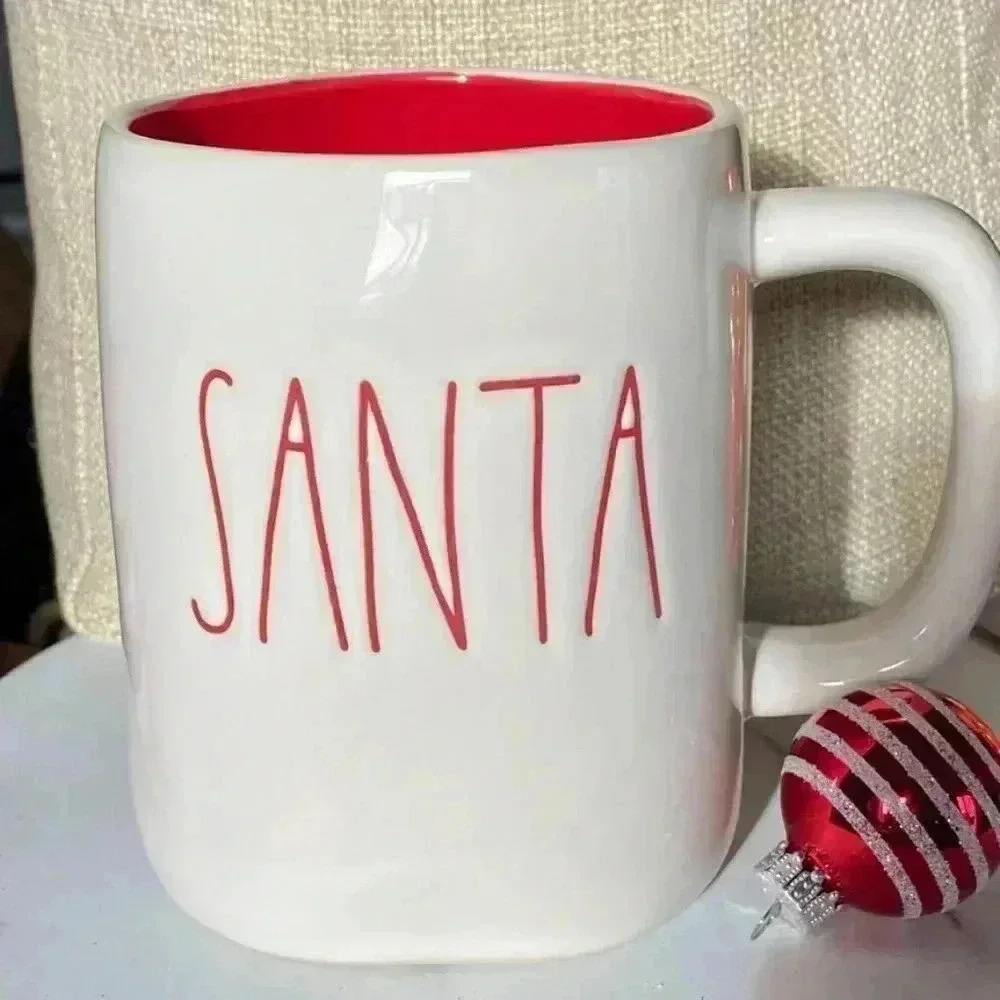 NEW RARE Rae Dunn - SANTA - Adorable White Coffee Mug/Cup with RED Interior